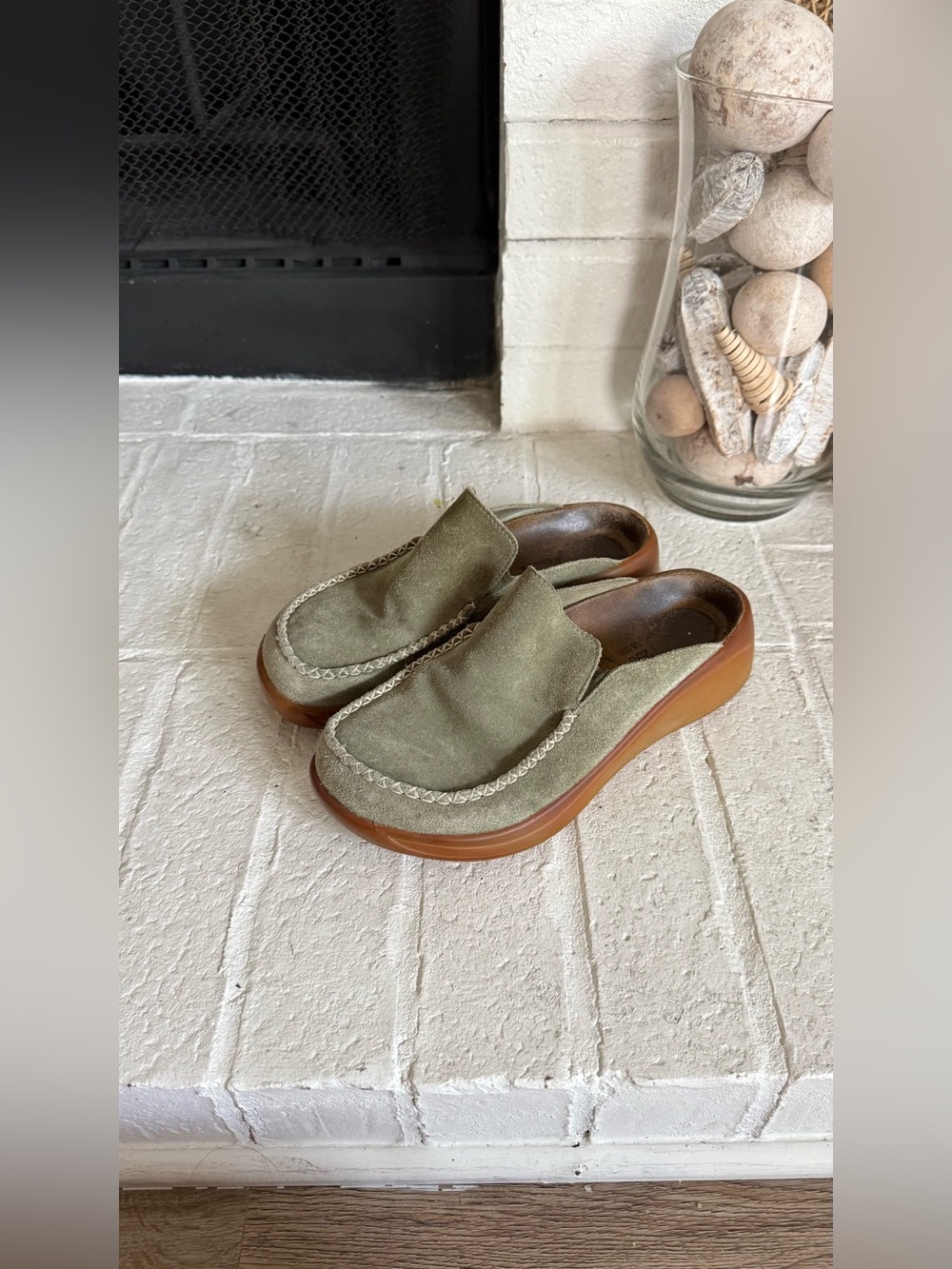 Birkenstock Olive Green Suede Slide-On Clogs with Brown Sole